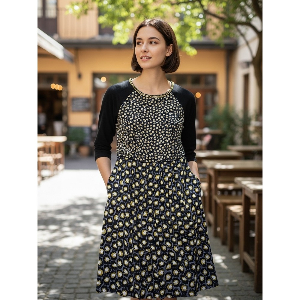Boden Floral Raglan Sleeve Fit and Flare Dress Black Yellow Grey 10L WH575